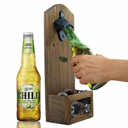 AHDECOR Flaschenöffner zur Wandmontage Bierkappenöffner mit Kronkorkenauffangbehälter aus Vintage-Holz für Bar Party Küche Deko, Geschenk für Männer und Bierliebhaber(Bottle Opener) - 1