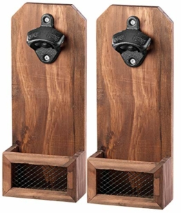 Cucina di Modena Bieröffner: 2er-Set Wand-Flaschenöffner mit Kronkorken-Auffangbehälter, Holz (Einhand Flaschenöffner) - 1