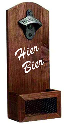 Wand - Flaschenöffner aus Holz mit Auffangbehälter | Spruch: Hier Bier | Vatertag Geschenkidee | Bier Öffner für Bar Partykeller | Echt Holz im Vintage Look | Geschenk Männergeschenk für Papa Mann - 1